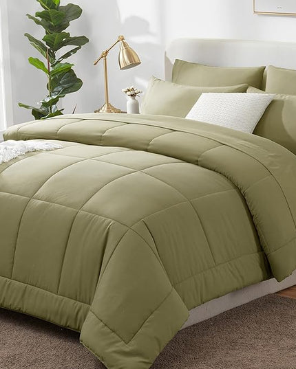 CozyLux King Size Comforter Set - 7 Pieces Bed in a Bag Set Olive Green, King Bedding Set with All Season Quilted Comforter, Flat Sheet, Fitted Sheet, Pillowcases - LeafyLoom