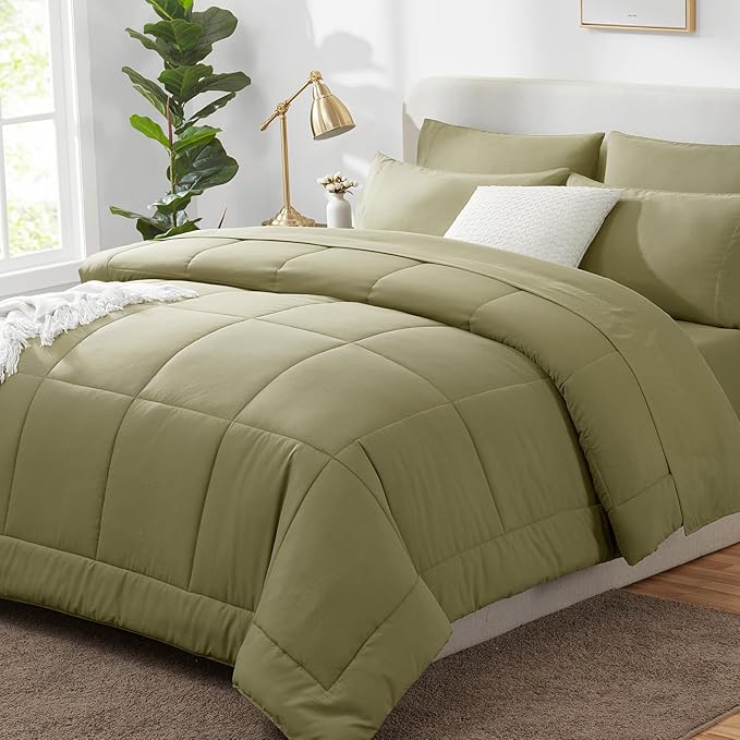 CozyLux King Size Comforter Set - 7 Pieces Bed in a Bag Set Olive Green, King Bedding Set with All Season Quilted Comforter, Flat Sheet, Fitted Sheet, Pillowcases - LeafyLoom