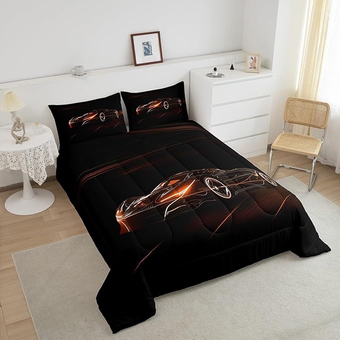 Feelyou Orange Race Car Bedding Set King Size for Kids Boys Extreme Sport Games Comforter Set Teens Toddler Fast and Furious Duvet Set Cool Modern Quilt Set 3Pcs - LeafyLoom