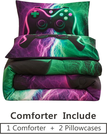 Meeting Story Gamer Comforter Sets for Boys Queen Size Tie Dye Lightnings Gamepad Bedding Set Games Console Action Buttons Novelty Colorful Modern Room Decor Home Quilt Set (Queen, Green-Purple) - LeafyLoom