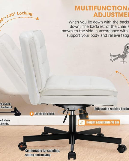 COMHOMA Criss Cross Chair with Wheels, Armless Wide Cross Legged Office Chair Mid Back, Modern Home Office Desk Chair Swivel Adjustable Vanity Computer Chair, Beige Velvet - LeafyLoom
