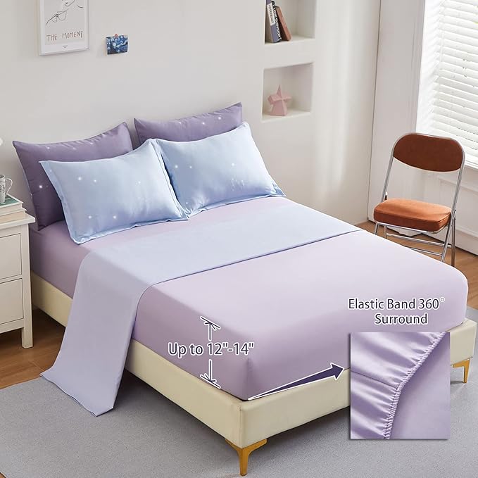 Girls Comforter Set Full Size Colorful Ombre Purple Rainbow Bedding Set Bed in A Bag for Kid Teen Girls 7 Pieces (1 Comforter, 1 Flat Sheet, 1 Fitted Sheet, 2 Pillow shams, 2 Pillowcases) - LeafyLoom