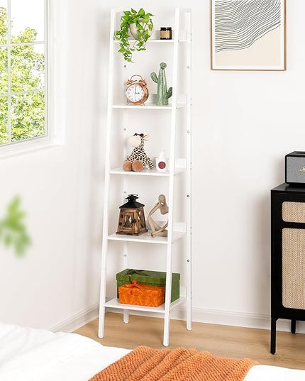 Yoobure Ladder Shelf, 5 Tier Tall Ladder Bookshelf Corner Shelf, Industrial Book Shelf Ladder Bookcase Narrow, Standing Storage Shelves Display Shelf for Bedroom Living Room Office Kitchen Bathroom - LeafyLoom