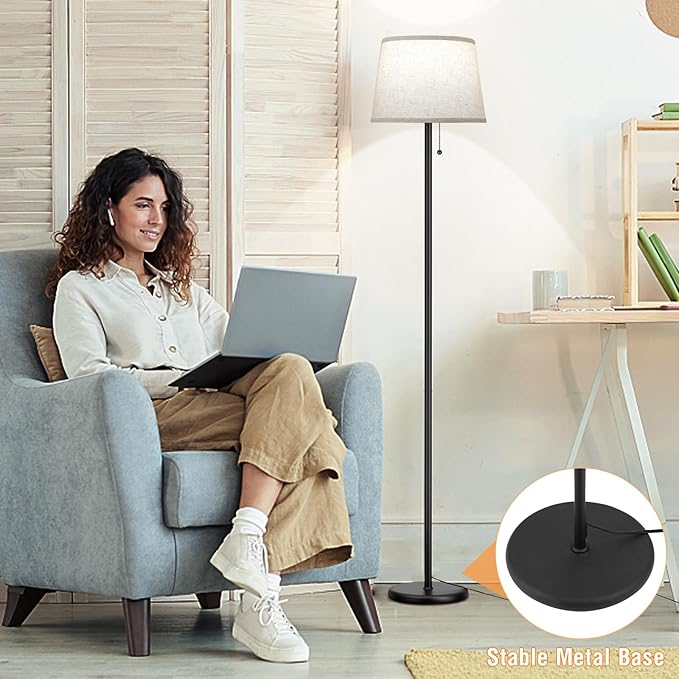 Floor Lamps for Living Room - 3 Color Temp(3000/4000/5000K) Standing Lamp with Pull Chain Switch, Black Floor Lamp with Lampshade, Modern Tall Light for Bedroom Office(9W Bulb Included) - LeafyLoom