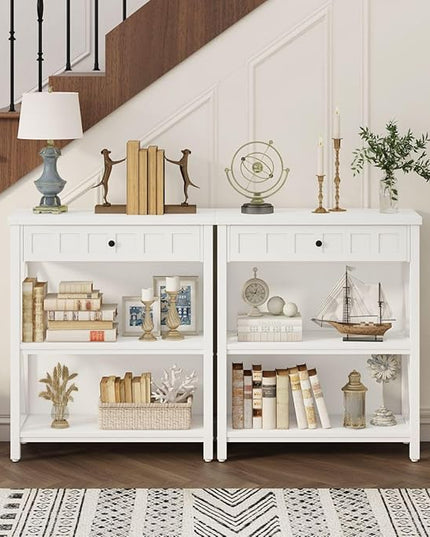 FATORRI Small Bookcase with Drawer, Wood and Metal Bookshelf for Small Space, Short Book Shelf and Low Book Case for Living Room (White Oak) - LeafyLoom
