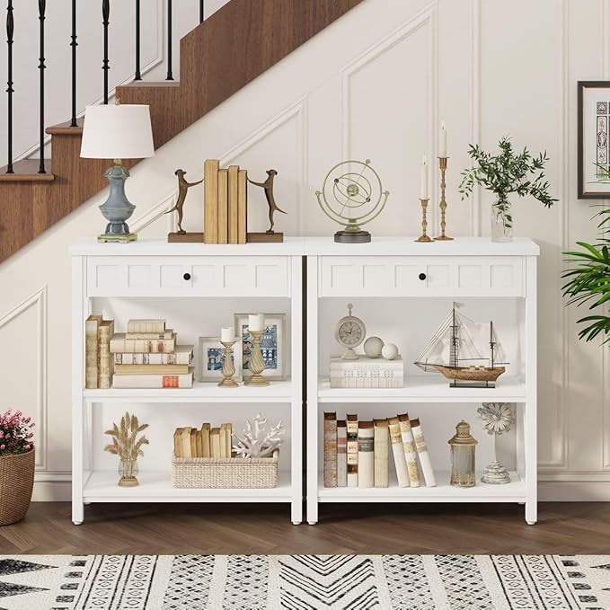 FATORRI Small Bookcase with Drawer, Wood and Metal Bookshelf for Small Space, Short Book Shelf and Low Book Case for Living Room (White Oak) - LeafyLoom