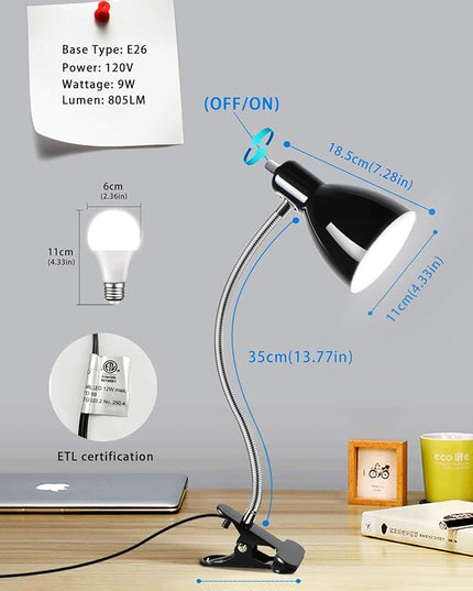 Desk lamp Eye-Caring Table Lamps, 360°Rotation Gooseneck Clip on Lamp Reading Light Portable Reading Book Light, Clamp Light, Study Desk Lamps for Bedroom and Office Home Lighting (Black) - LeafyLoom