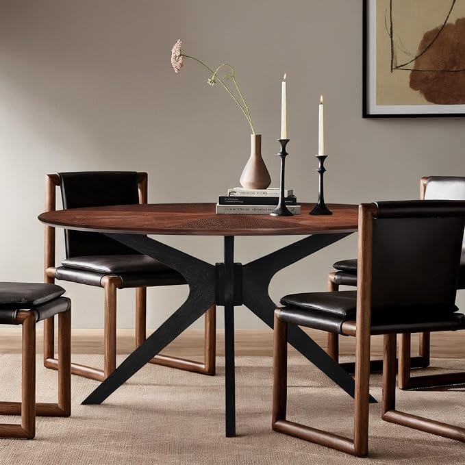 Soohow 47.2'' Round Dining Table Dining Room Table for 4-6 People,Kitchen Table Round Solid Wood Dining Table with Intersecting Pedestal Base,Walnut/Black - LeafyLoom