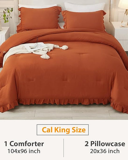 Andency California King Comforter Set Burnt Orange (104x96Inch), 3 Pieces Cal King Ruffle Comforter, Oversized Farmhouse Shabby Chic Bed Comforter, Lighteweight and Soft Microfiber Bedding Set - LeafyLoom