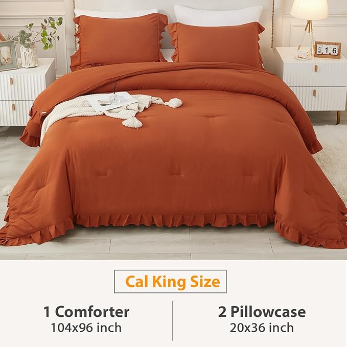Andency California King Comforter Set Burnt Orange (104x96Inch), 3 Pieces Cal King Ruffle Comforter, Oversized Farmhouse Shabby Chic Bed Comforter, Lighteweight and Soft Microfiber Bedding Set - LeafyLoom