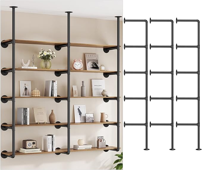 Pynsseu Industrial Iron Pipe Shelf Wall Mount, Farmhouse DIY Open Bookshelf, Pipe Shelves for Kitchen Bathroom, bookcases Living Room Storage, 3Pack of 5 Tier. - LeafyLoom