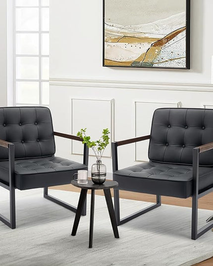 COLAMY Mid Century Modern Accent Chair Set of 2, Comfy Living Room Chair, Black Leather Accent Chair, Faux Leather Reception Armchair with Metal Legs for Living Room Bedroom Reception Office, Black - LeafyLoom