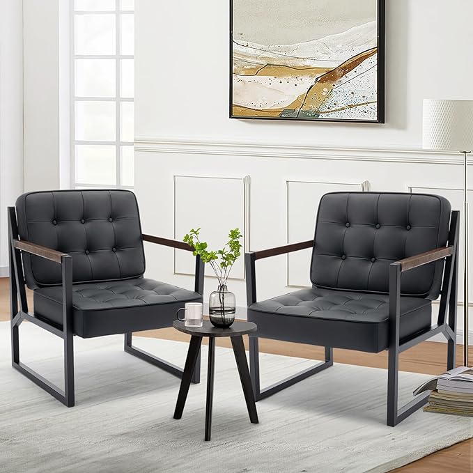 COLAMY Mid Century Modern Accent Chair Set of 2, Comfy Living Room Chair, Black Leather Accent Chair, Faux Leather Reception Armchair with Metal Legs for Living Room Bedroom Reception Office, Black - LeafyLoom