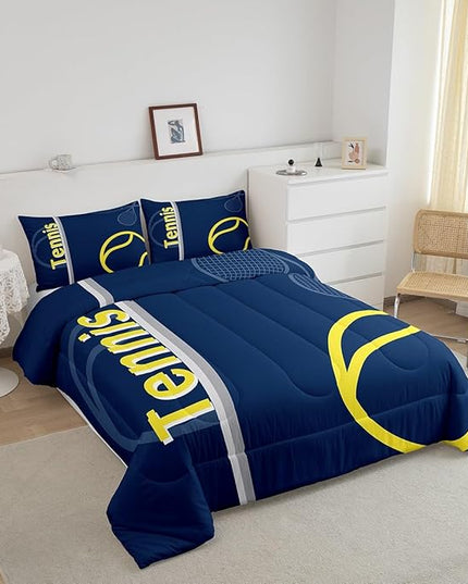Feelyou Kids Tennis Comforter Set Queen Size Tennis Sports Bedding Set for Boys Girls Teens Bedroom Decor Tennis Gaming Comforter Blue Yellow Tennis Lovers Duvet Set with 2 Pillow Case - LeafyLoom