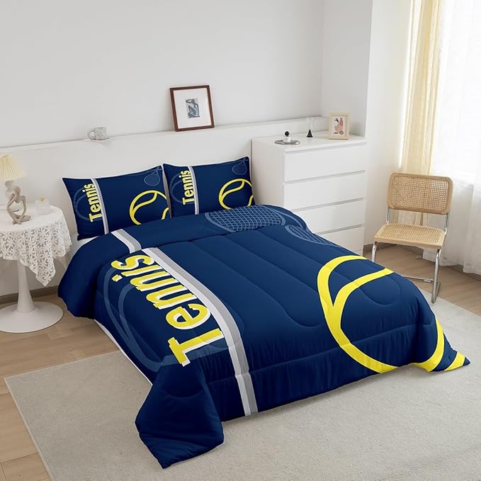 Feelyou Kids Tennis Comforter Set Twin Size Tennis Sports Bedding Set for Boys Girls Teens Bedroom Decor Tennis Gaming Comforter Blue Yellow Tennis Lovers Duvet Set with 1 Pillow Case - LeafyLoom