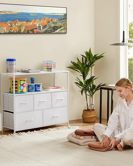 Sweetcrispy 5 Fabric Drawer Dresser TV Stand for Bedroom, Entertainment Center for 45 Inch TV with Storage Drawer Unit, Open Shelf, Adjustable Feet, Living Room, White - LeafyLoom