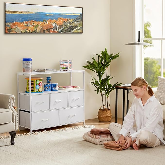 Sweetcrispy 5 Fabric Drawer Dresser TV Stand for Bedroom, Entertainment Center for 45 Inch TV with Storage Drawer Unit, Open Shelf, Adjustable Feet, Living Room, White - LeafyLoom