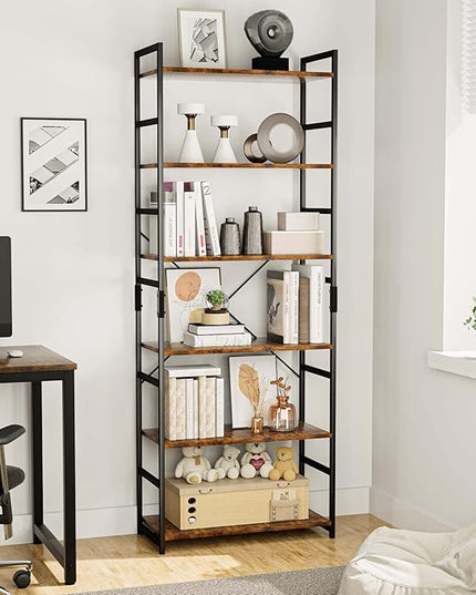 OTK 6 Tier Adjustable Bookshelf, Tall Bookcase, Office Shelf Storage Organizer, Modern Book Shelf for Living Room, Bedroom, and Home Office, Vintage - LeafyLoom