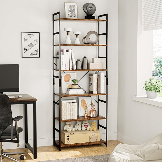 OTK 6 Tier Adjustable Bookshelf, Tall Bookcase, Office Shelf Storage Organizer, Modern Book Shelf for Living Room, Bedroom, and Home Office, Vintage - LeafyLoom