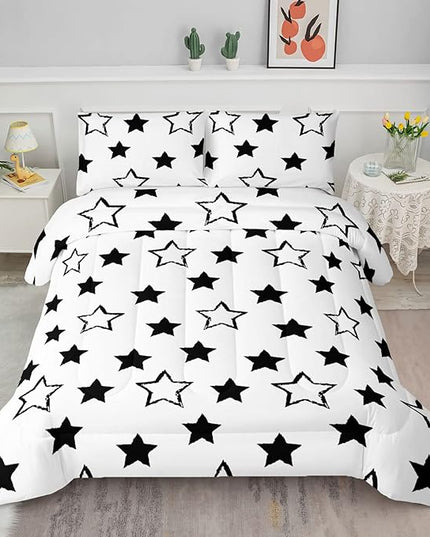 Axolotl Kids Twin Bedding Comforter Set,3Pcs Super Cute Soft Black and White Stars Quilt Set Bed in A Bag with 1 Comforter 2 Pillowcases for Kids Boys Girls Teens Adults Room Decor All Season - LeafyLoom