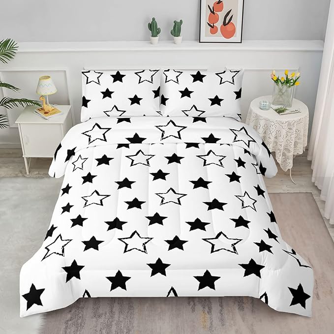 Axolotl Kids Queen Bedding Comforter Set,3Pcs Super Cute Soft Black and White Stars Quilt Set Bed in A Bag with 1 Comforter 2 Pillowcases for Kids Boys Girls Teens Adults Room Decor All Season - LeafyLoom