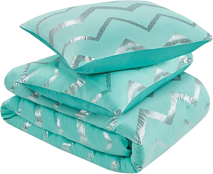 Codi Metallic Teal and Silver Comforter Set, Twin/Twin-XL Size, Cute Aqua Turquoise Bedding Sets, 3 Piece (1 Matching Sham + 1 Decorative Pillow) - LeafyLoom