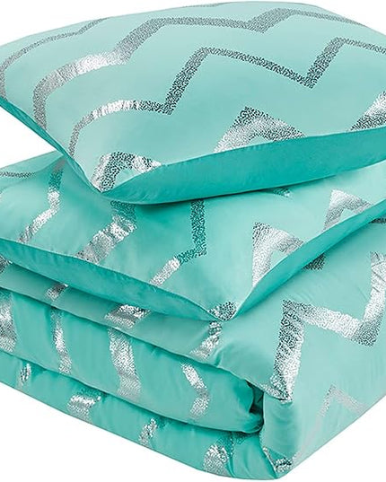 Codi Metallic Teal and Silver Comforter Set, Full/Queen Size, Cute Aqua Turquoise Bedding Sets, 4 Piece (2 Matching Sham + 1 Decorative Pillow) - LeafyLoom