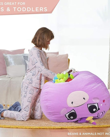 Aubliss Stuffed Animal Storage, Velvet Bean Bag Chairs Cover, Large 32" Ultra Soft Kids Toy Storage Organizer for Blankets Towels Clothes Home Supplies, Purple Big Eyes - LeafyLoom