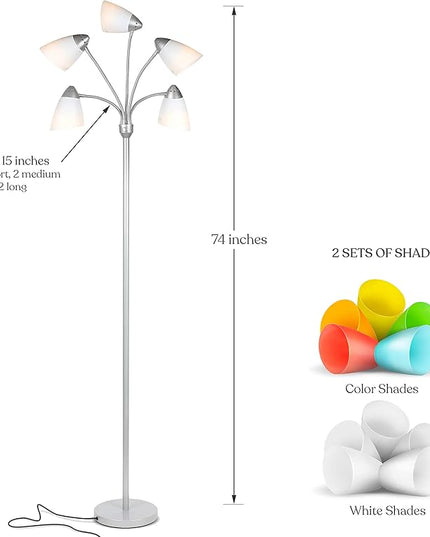 Brightech Medusa LED Floor Lamp – Multi-Head Dimmable Floor Lamp for Living Rooms & Offices – Tall Lamp with Interchangeable Shades, Adjustable Standing Lamp for Bedroom Reading – Silver - LeafyLoom