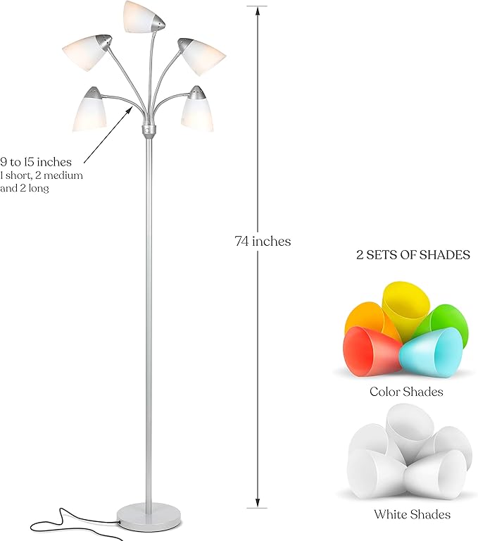 Brightech Medusa LED Floor Lamp – Multi-Head Dimmable Floor Lamp for Living Rooms & Offices – Tall Lamp with Interchangeable Shades, Adjustable Standing Lamp for Bedroom Reading – Silver - LeafyLoom