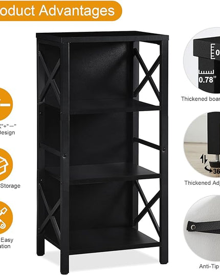 Bookcase, Industrial Small Bookshelf,4-Tier Narrow Bookcase Storage Organizer, Small Book Shelf for Small Spaces, Living Room, Bedroom and Home Office, Black - LeafyLoom