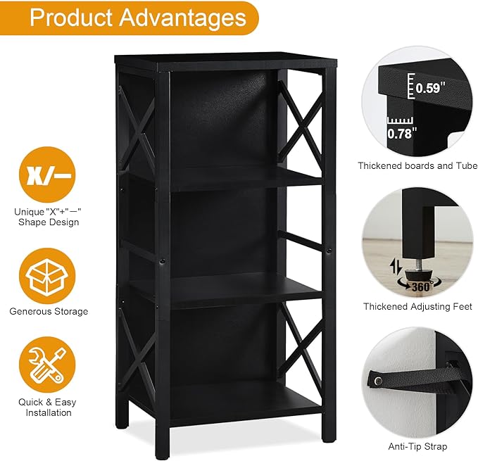 Bookcase, Industrial Small Bookshelf,4-Tier Narrow Bookcase Storage Organizer, Small Book Shelf for Small Spaces, Living Room, Bedroom and Home Office, Black - LeafyLoom