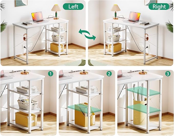 AODK Laptop Desk Small Desk, 40 Inch Computer Desk with Power Outlet and USB & Type-C Charging Port, Writing Desk with 3-Tier Reversible Storage Shelf for Home Office, 40'' x 16'', White - LeafyLoom