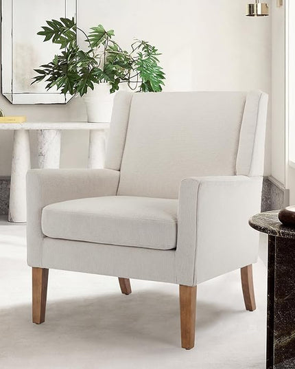 COLAMY Modern Wingback Living Room Chair, Upholstered Fabric Accent Armchair, Single Sofa chair with Lounge Seat and Wood Legs for Bedroom/Office/Reading Spaces, Beige - LeafyLoom