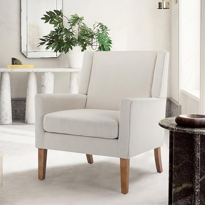 COLAMY Modern Wingback Living Room Chair, Upholstered Fabric Accent Armchair, Single Sofa chair with Lounge Seat and Wood Legs for Bedroom/Office/Reading Spaces, Beige - LeafyLoom
