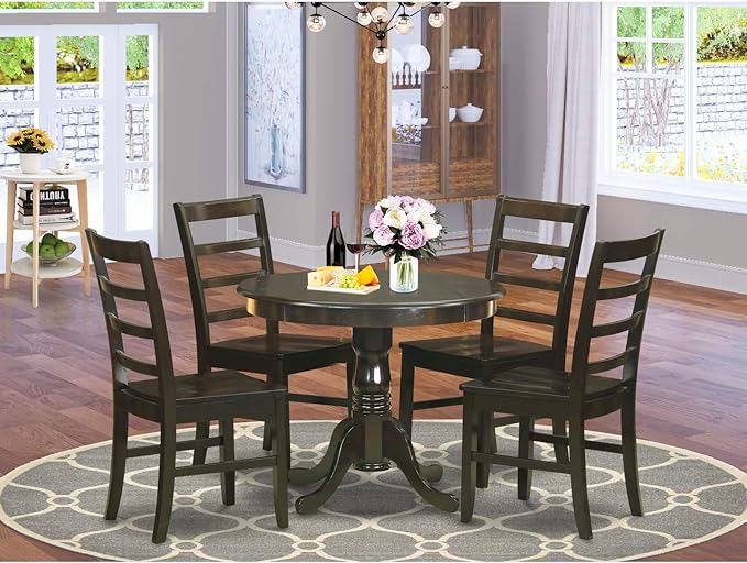 East West Furniture ANPF5-CAP-W 5 Piece Room Set Includes a Round Wooden Table with Pedestal and 4 Kitchen Dining Chairs, 36x36 Inch - LeafyLoom