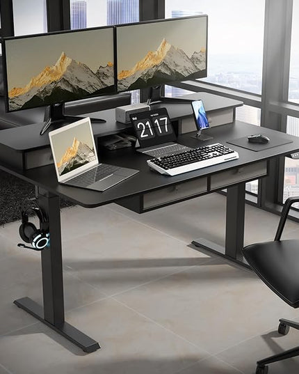 Electric Standing Widened Desk 63 * 30 Inches Adjustable Height with 4 Drawers, Double Storage Shelves Stand Up Desk, Home Office Workstation Sit Stand up Desk (Classical Black) - LeafyLoom