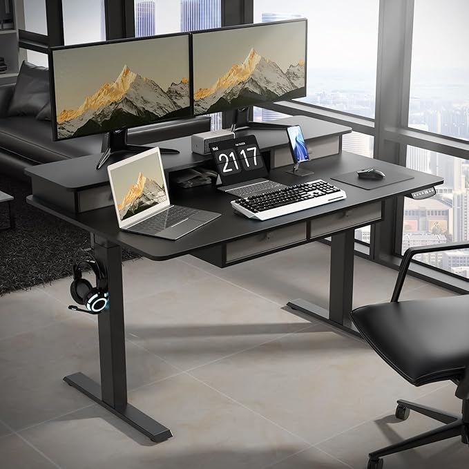 Electric Standing Widened Desk 63 * 30 Inches Adjustable Height with 4 Drawers, Double Storage Shelves Stand Up Desk, Home Office Workstation Sit Stand up Desk (Classical Black) - LeafyLoom