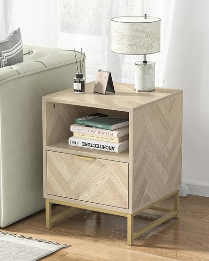 Anmytek Night Stand, Small Side Table, Sturdy Wood Nightstand with Storage Drawer and Shelf, Modern End Table Bedside Table with Polished Gold Handles for Bedroom, Dorm, Small Spaces H0054 - LeafyLoom