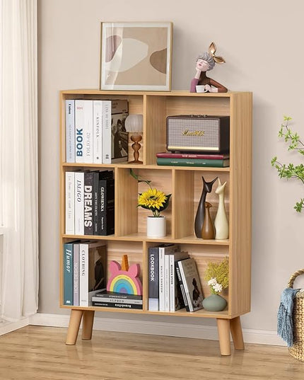 LEYAOYAO Wooden 7 Cube Book Shelf, Natural 3 Tier Bookshelf with Legs, Modern Open Storage Organizer,Boho Bookcase,Display Cabinet Shelf Free Standing Bookshelves for Bedroom,Living Room,Office - LeafyLoom