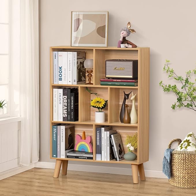 LEYAOYAO Wooden 7 Cube Book Shelf, Natural 3 Tier Bookshelf with Legs, Modern Open Storage Organizer,Boho Bookcase,Display Cabinet Shelf Free Standing Bookshelves for Bedroom,Living Room,Office - LeafyLoom