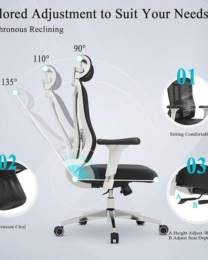 Ergonomic Office Chair with 3D PU Armrests, Home Office Chair with 3D Adjustable Lumbar Support, Adjustable Seat Depth Desk Chair, Swivel Big and Tall Computer Chair,Thick Seat Cushion - LeafyLoom