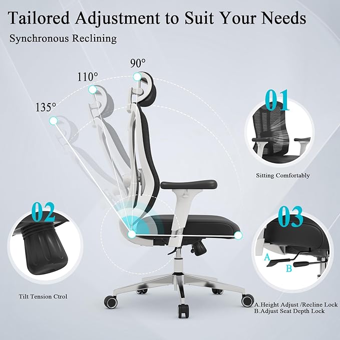 Ergonomic Office Chair with 3D PU Armrests, Home Office Chair with 3D Adjustable Lumbar Support, Adjustable Seat Depth Desk Chair, Swivel Big and Tall Computer Chair,Thick Seat Cushion - LeafyLoom