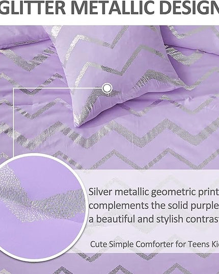 Purple/Silver Comforter Set King, Lavender Metallic Print Glitter Bedding Set Cute Shinny Lilac Bed Sets for Teen Girls Kids Women, 4 Piece (2 Pillowcases, 1 Decorative Pillow Sham) - LeafyLoom