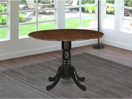 East West Furniture DMT-WBK-TP Dublin Dining Room Table - a Round kitchen Table Top with Dropleaf & Pedestal Base, 42x42 Inch, Walnut & Black - LeafyLoom