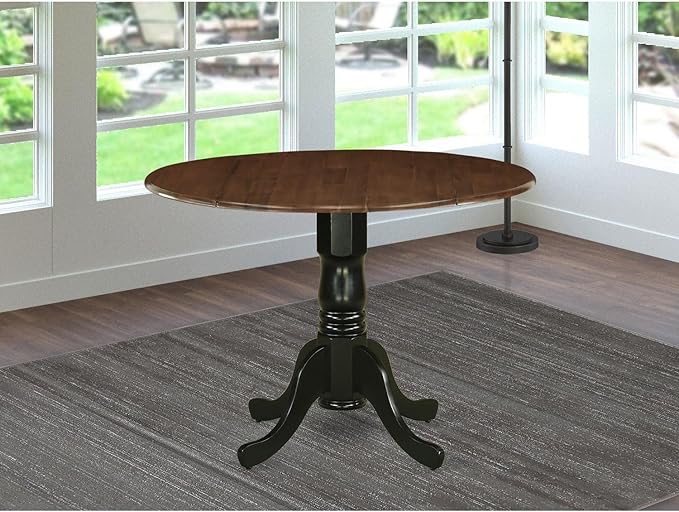 East West Furniture DMT-WBK-TP Dublin Dining Room Table - a Round kitchen Table Top with Dropleaf & Pedestal Base, 42x42 Inch, Walnut & Black - LeafyLoom