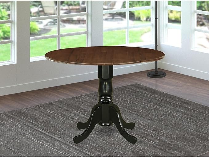East West Furniture DMT-WBK-TP Dublin Dining Room Table - a Round kitchen Table Top with Dropleaf & Pedestal Base, 42x42 Inch, Walnut & Black - LeafyLoom