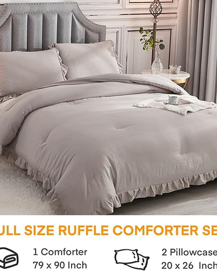 Andency Wheat Ruffle Comforter Full(79x90Inch), 3 Pieces(1 Ruffled Comforter and 2 Pillowcases) Vintage Ruffle Fringe Comforter, Farmhouse Rustic Microfiber Down Alternative Bedding Comforter Set - LeafyLoom