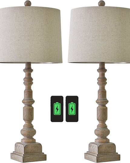Oneach 27.75" Vintage Farmhouse USB Table Lamps Set of 2 for Living Room Bedroom Traditional Bedside Nightstand Lamp with Dual USB Port Resin Table Lamp with Rotary Switch for Living Room Bedroom - LeafyLoom