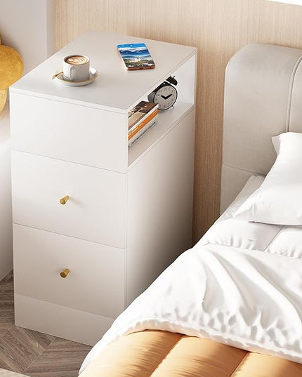 White Nightstand with Two Drawers,Chest of Drawers for Bedroom with Side Opening Storage Rack,3 Tiers Modern Night Table for Bedroom Storage Furniture (Right Angle) - LeafyLoom